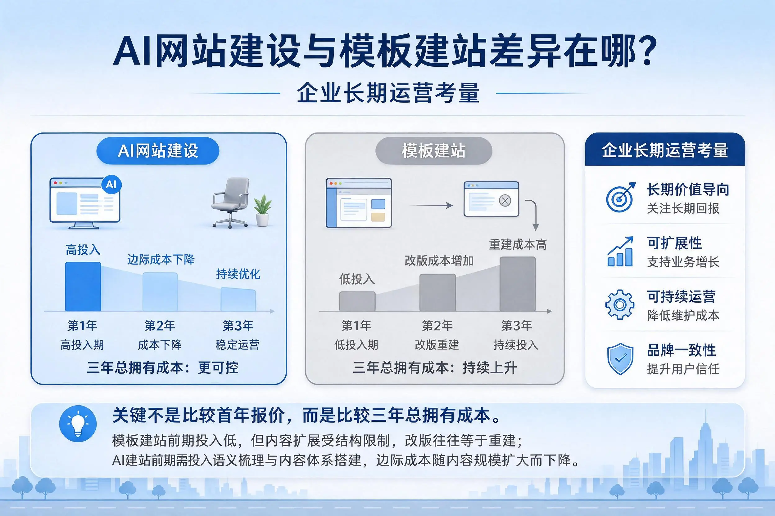 AI网站建设与模板建站差异在哪?日照企业长期运营考量